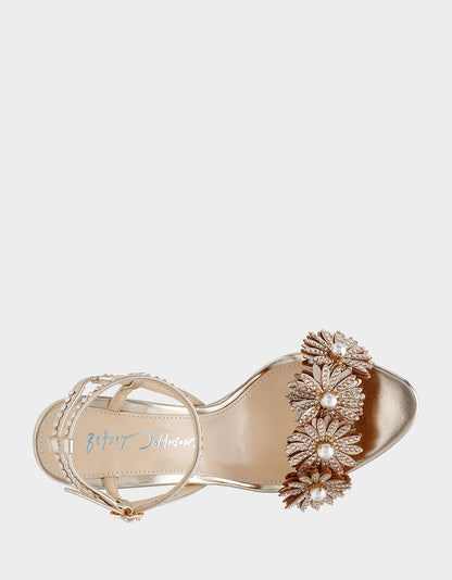 Betsey Johnson Recommended - MYLEE GOLD Women's Strappy Open-Toe Floral Rhinestone Embellished Heel