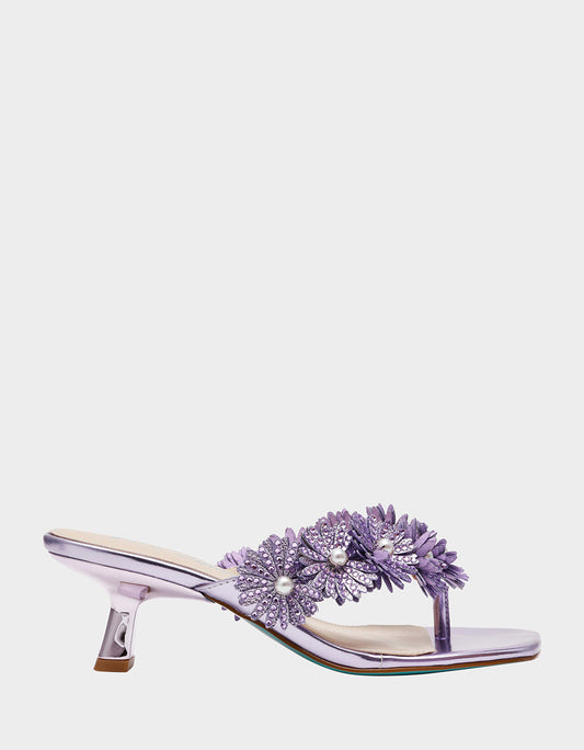 Betsey Johnson Special Offer - LESLI Purple Women's Square-Toe Mule Kitten Heel Rhinestone Embellished Flower Heel