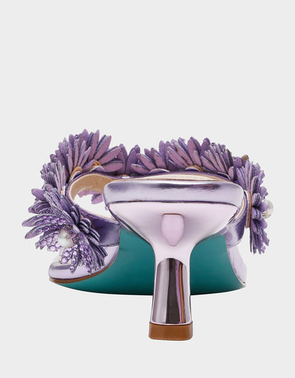 Betsey Johnson Special Offer - LESLI Purple Women's Square-Toe Mule Kitten Heel Rhinestone Embellished Flower Heel