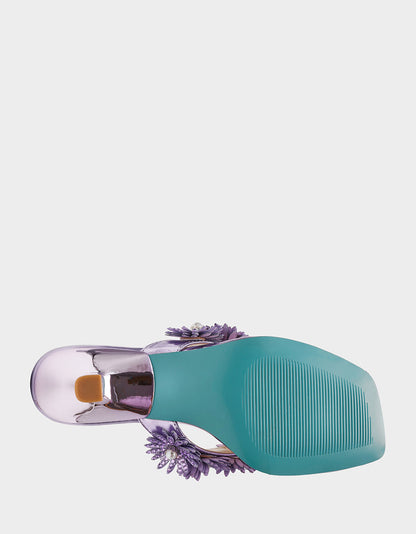Betsey Johnson Special Offer - LESLI Purple Women's Square-Toe Mule Kitten Heel Rhinestone Embellished Flower Heel