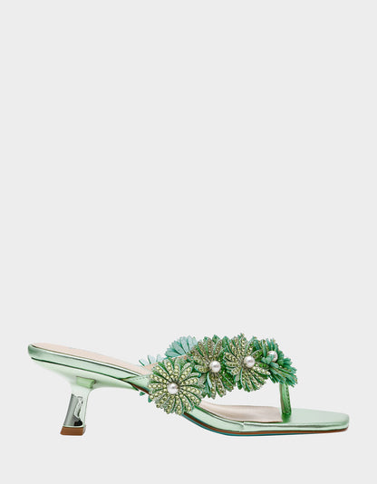 Betsey Johnson New - LESLI Mint Women's Square-Toe Mule Kitten Heel Rhinestone Embellished Flower Heel