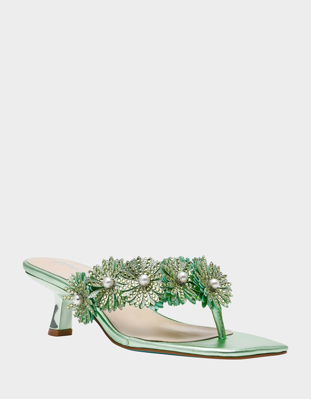 Betsey Johnson New - LESLI Mint Women's Square-Toe Mule Kitten Heel Rhinestone Embellished Flower Heel