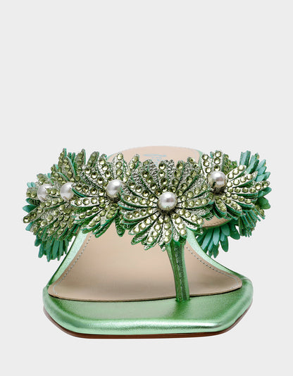Betsey Johnson New - LESLI Mint Women's Square-Toe Mule Kitten Heel Rhinestone Embellished Flower Heel