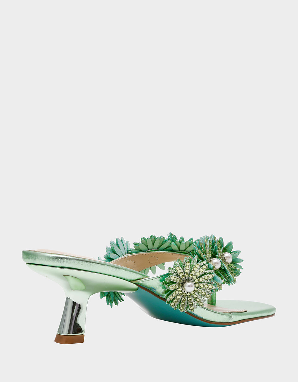 Betsey Johnson New - LESLI Mint Women's Square-Toe Mule Kitten Heel Rhinestone Embellished Flower Heel