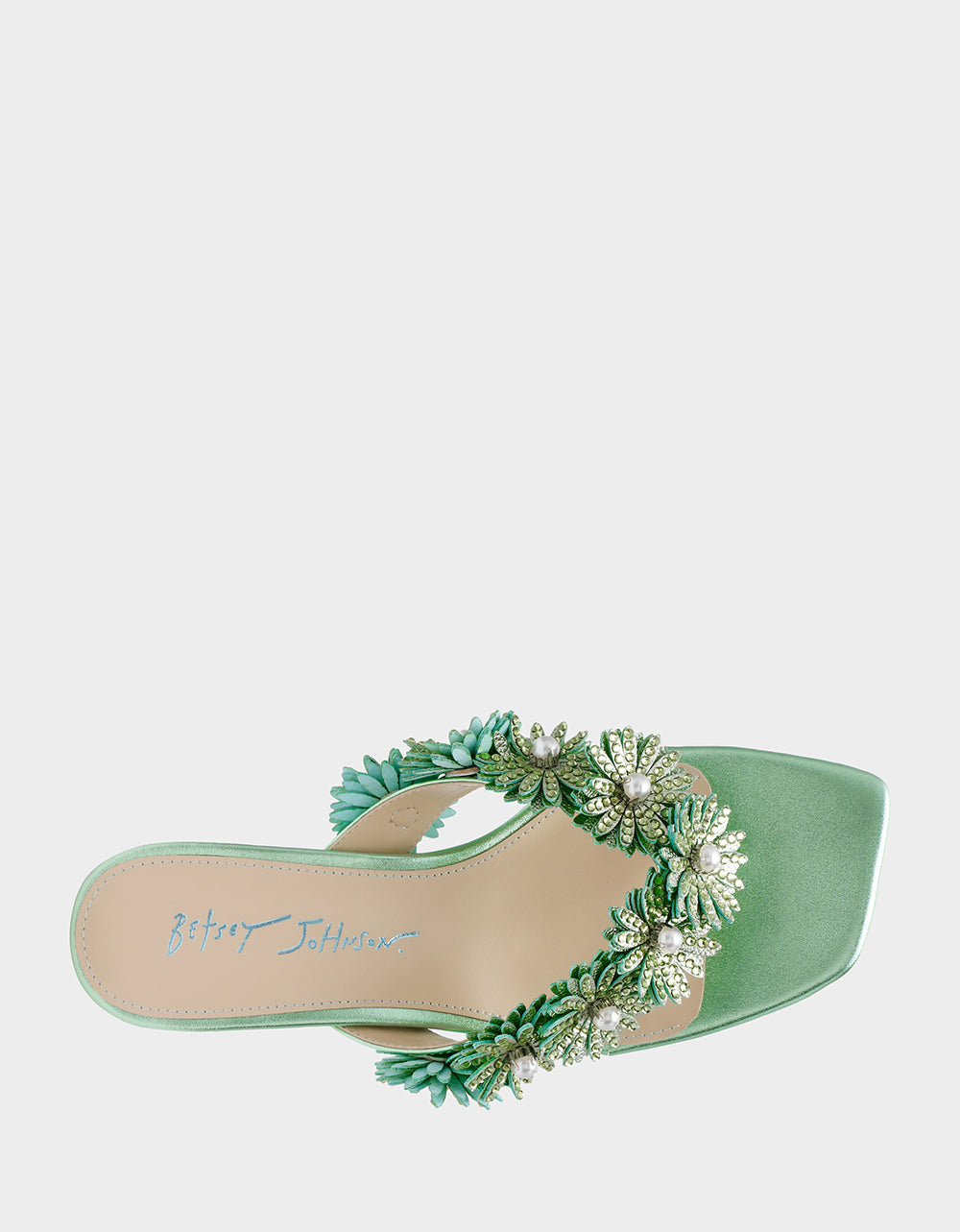 Betsey Johnson New - LESLI Mint Women's Square-Toe Mule Kitten Heel Rhinestone Embellished Flower Heel