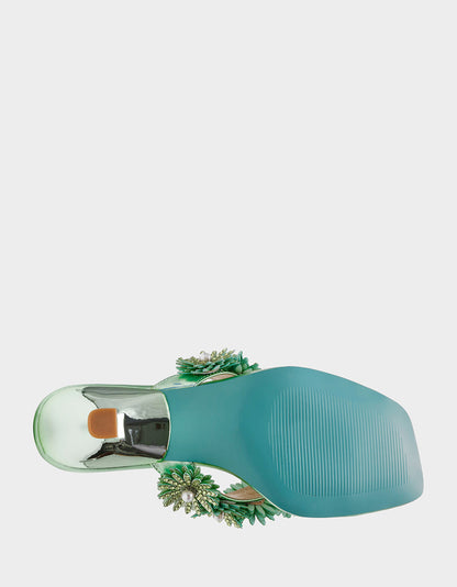 Betsey Johnson New - LESLI Mint Women's Square-Toe Mule Kitten Heel Rhinestone Embellished Flower Heel