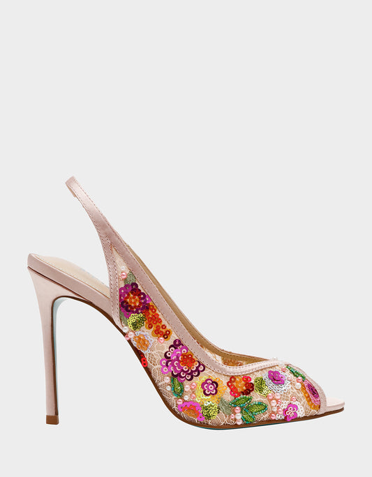 Betsey Johnson Quality - GERRI Nude Floral Embellished Peep-Toe Stiletto Women's Heel