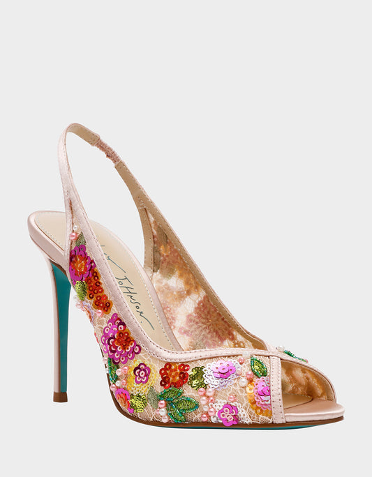 Betsey Johnson Quality - GERRI Nude Floral Embellished Peep-Toe Stiletto Women's Heel