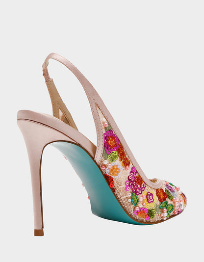Betsey Johnson Quality - GERRI Nude Floral Embellished Peep-Toe Stiletto Women's Heel