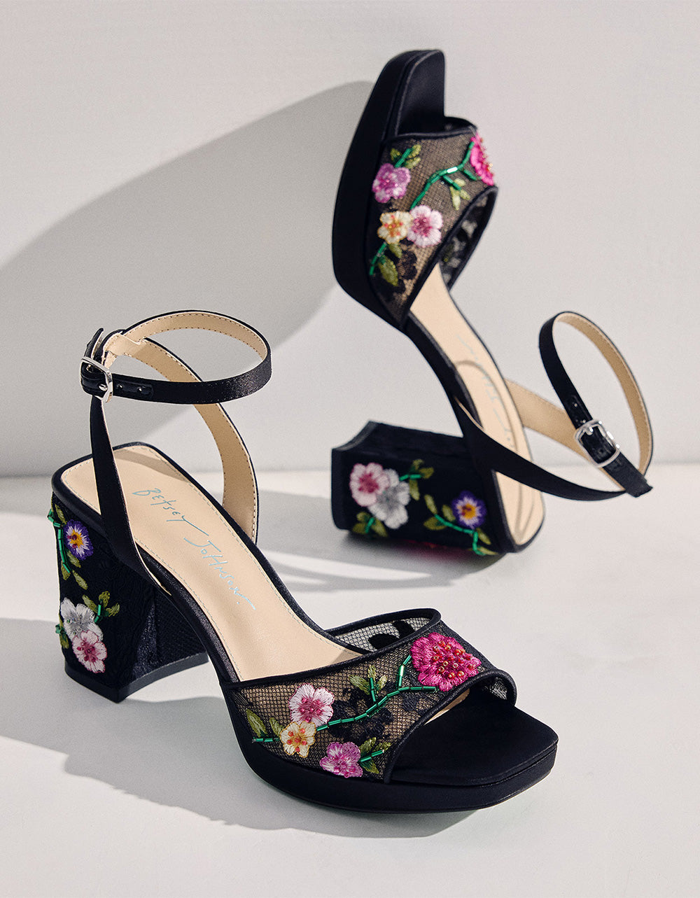 Betsey Johnson Exclusive - KENNI BLACK MULTI FLORAL Platform Block Heel Floral Print Mesh Women's Sandal