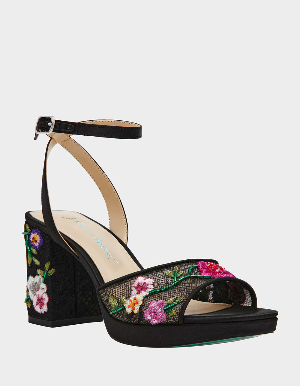 Betsey Johnson Exclusive - KENNI BLACK MULTI FLORAL Platform Block Heel Floral Print Mesh Women's Sandal