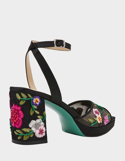Betsey Johnson Exclusive - KENNI BLACK MULTI FLORAL Platform Block Heel Floral Print Mesh Women's Sandal