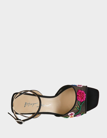 Betsey Johnson Exclusive - KENNI BLACK MULTI FLORAL Platform Block Heel Floral Print Mesh Women's Sandal